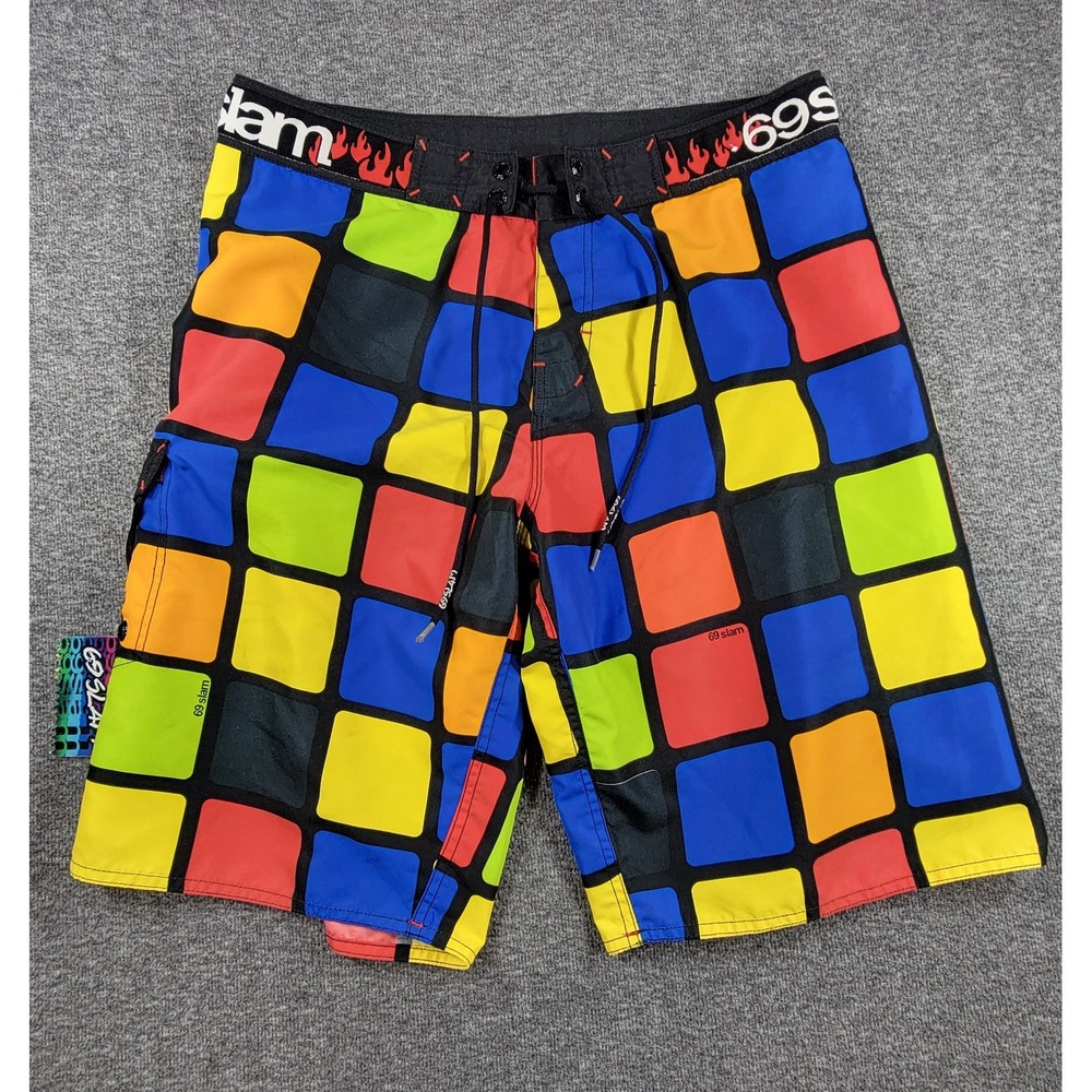 69 SLAM Men's Rubik's Cube Colored Surfing/swimming Summer BoardShorts Size 34